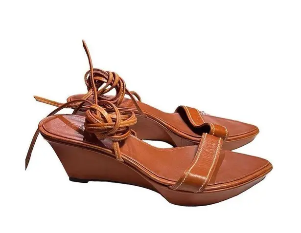 Rare Yves Saint Laurent Camel Leather Open Toe Wedge Sandals Strappy Women 41 Brown Size 10