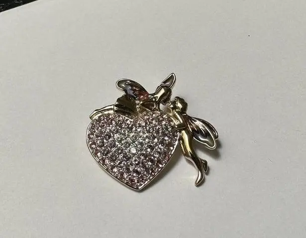 Monet  Gold Tone Brooch Pin Pink Rhinestone Heart Fairy Couple Kissing Fairycore