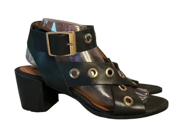 River Island ASOS Black Leather Heeled Sandals Gold Eyelet Detail Size 40 US 9