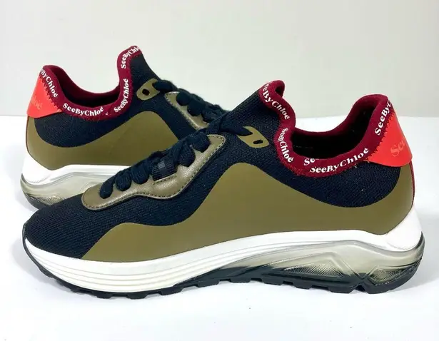 See By Chloe Brett Knitted Low Top Sneakers Black Green 37 NEW