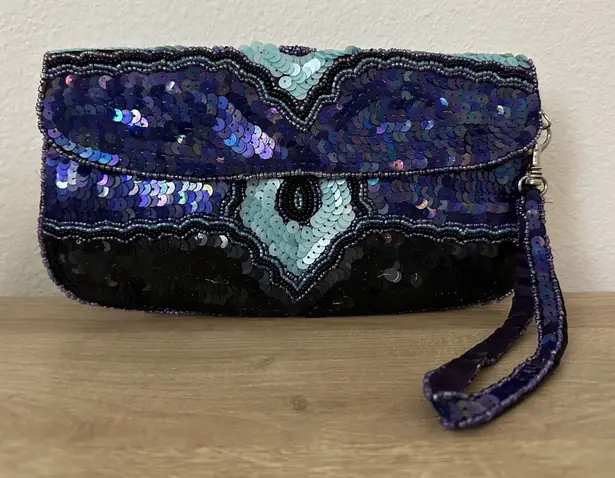 Ecote  Beaded Purple Blue Shiny Metal Glamour Sequin Wallet Clutch Wristlet Vtg thumbnail 1