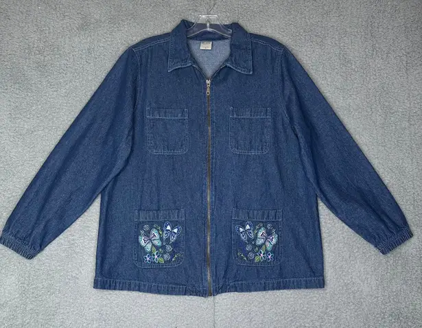 Blair Denim Jacket Embroidered Butterflies Floral Zip Front Women's Medium