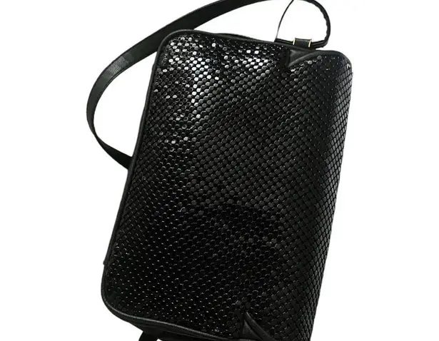 Whiting & Davis Black Leather Black Brass Circle Flat Mesh Crossbody Bag