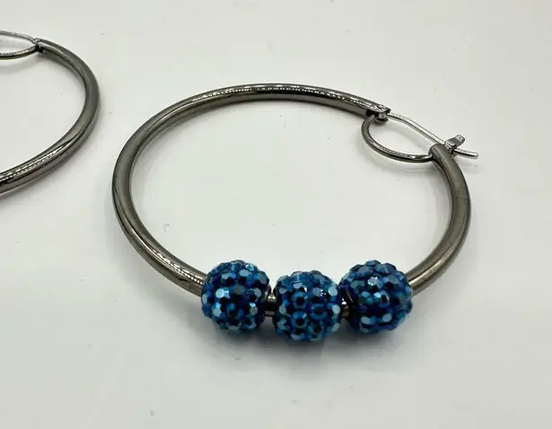 Henri Bendel Rocks Blue Rhinestone Gunmetal Hoop Pierced Earrings