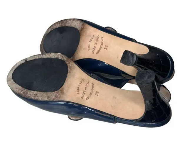 ANYI LU Tulip Slingback Shoes Blue Patent Leather Peep Toe Mary Jane EU Size 38