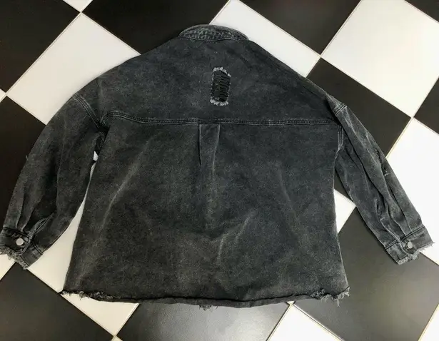 Distressed Denim Faded Black Jean Jacket Denim Button Front Raw Hem Oversized L Size L