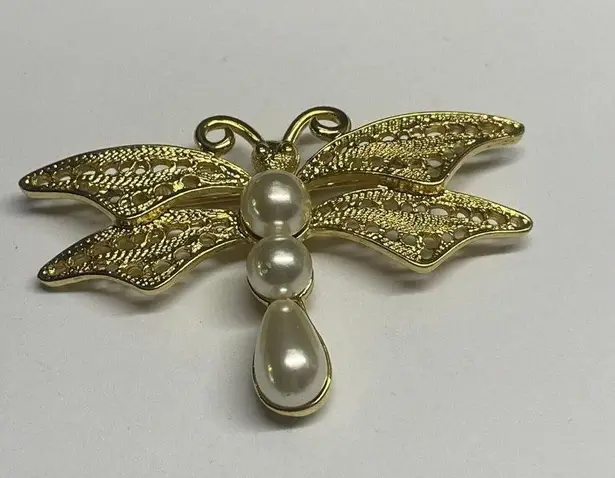 Monet Signed  Costume Brooch Pin - Gold Tone Faux Pearl Dragonfly Insect