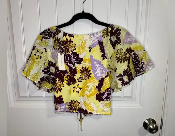 Maeve Anthropologie Purple and Yellow Floral Flutter Sleeve Cinched Top