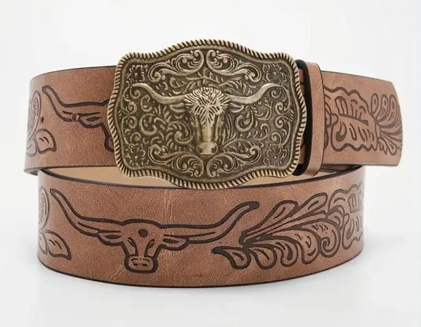 Western Style Bull Head Buckle Unisex Belt Vintage Embossed Brown