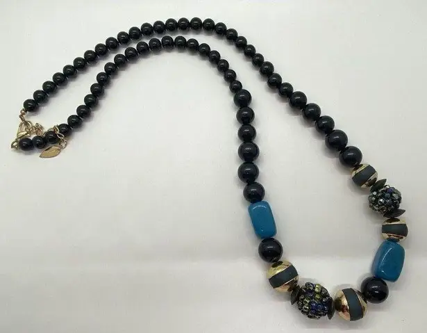 Coldwater Creek Necklace Black Graduated Bead Blue Gold Tone Rhinestones 36"