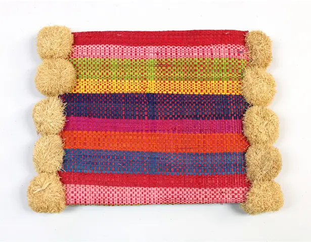 NEW Hatattack Rattan Rainbow Stripe Pom Pom Woven Clutch Beachy Summer Tan