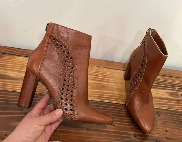 Matisse Tan Braided Cutout Leather Ankle Boot Heel Size 6.5