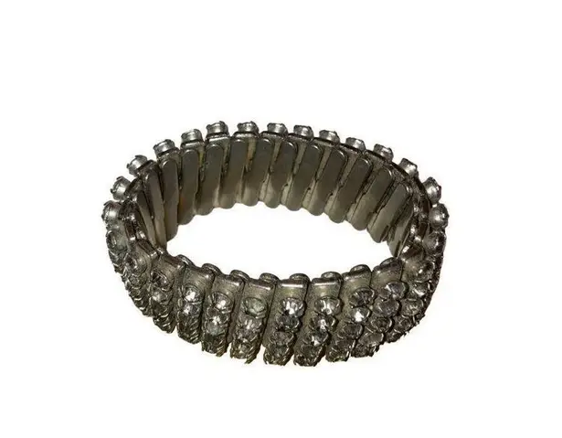 Vintage Accordian Rhinestone Stretch Cuff Bracelet Gemstones Silver Tone Bling E