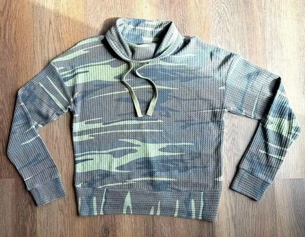 TXS Camo Print Waffle Knit Cowl Neck Long Sleeve Pullover Top Green