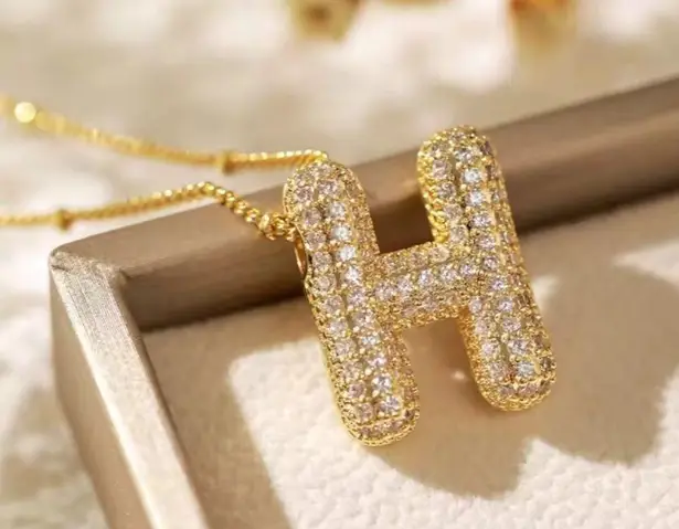 Letter H Initial Zircon Balloon Necklace Gold