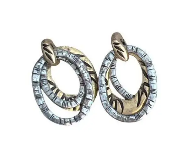 Chicos Silver Gold Tone Dangle Pierced Earrings Etched Layered Circles 1.25"