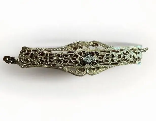 Vintage 12K Gold Filled Filigree Bar Rope Chain Bracelet with Center Diamond