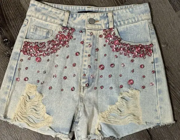 Blue B Collection Light Wash Cut Off Jean Shorts With Pink Rhinestone Detail, S