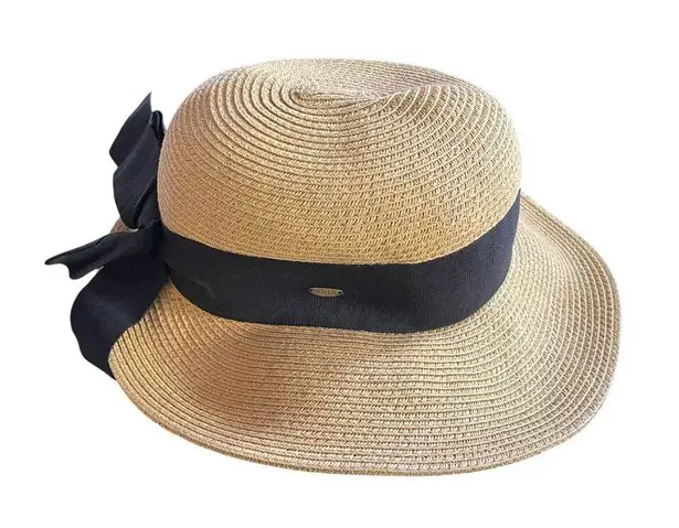 Scala Vintage Style Sun Hat With Black Ribbon Bow Handmade Paper Straw Women One