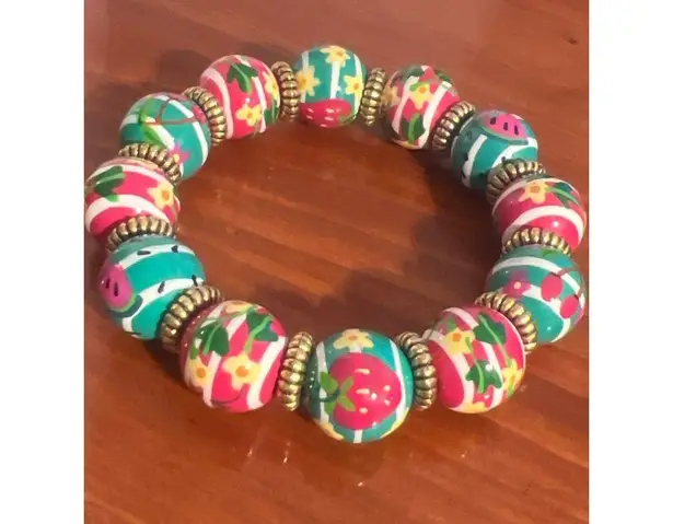 Angela Moore Stretch Beaded Bracelet Colorful Watermelon Flowers Stripes 5.75" Pink
