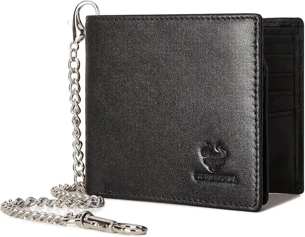 Chain Wallet for Men, Mens Wallet with Chain Genuine Leather Purse RFID Blocking Bifold Wallets for Men with ID Window (Black) - Image 1