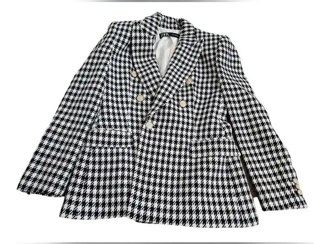 ZARA  New Ecru/Black Long Sleeve Lapel Collar Plaid Double Breasted Blazer Size