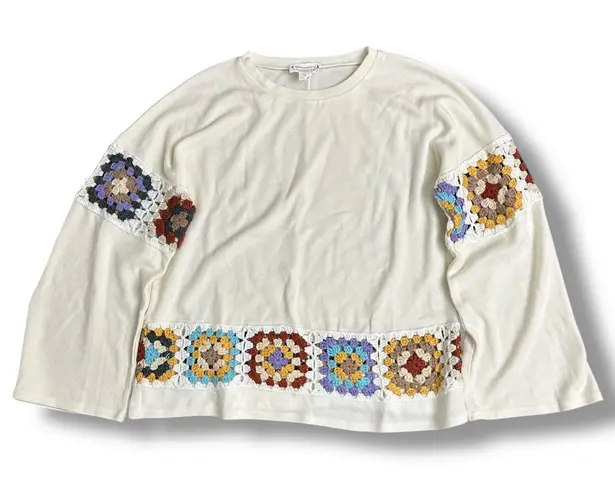 Loveriche Crochet Granny Square Trim Cream Sweater Boho Cottagecore Size M White Size M