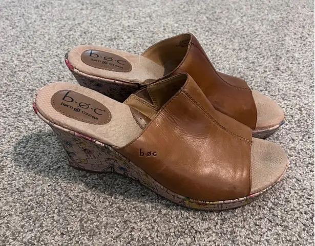 B.O.C. Born Concepts Brown Leather Floral Wedge Platform Slide Sandals Size 10