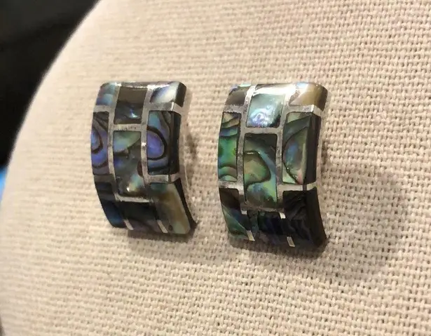 Sterling Silver Vintage Abalone Inlay Mosaic Earrings
