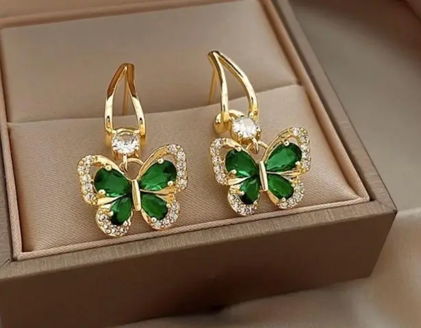 18K Gold Plated Green Crystal Butterfly Dangle Drop Earrings for Women