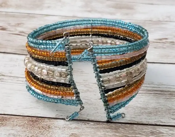 Vintage Bracelet / Bangle / Cuff Beaded Wrap Cuff Blue & Orange