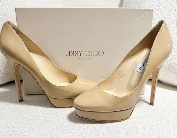 Jimmy Choo Cosmic Patent Leather Nude Platform Pumps sz 38.5