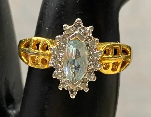 Stunning Gold Sparkle Halo Marquise Aquamarine Statement Piece Ring Size 7