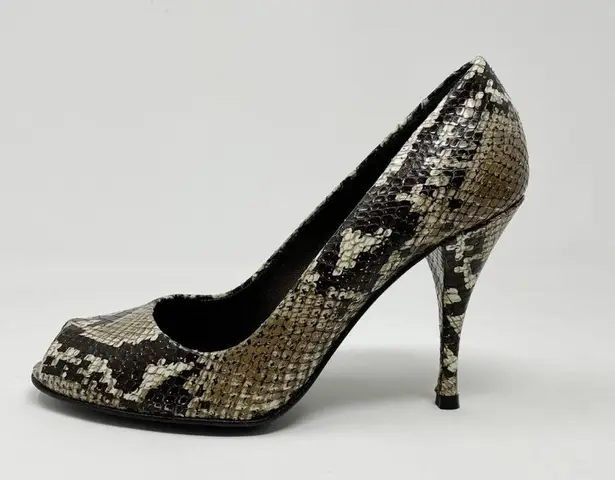 Stuart Weitzman Snakeskin Python Leather Peep Toe High Heels Shoes Black Tan 6