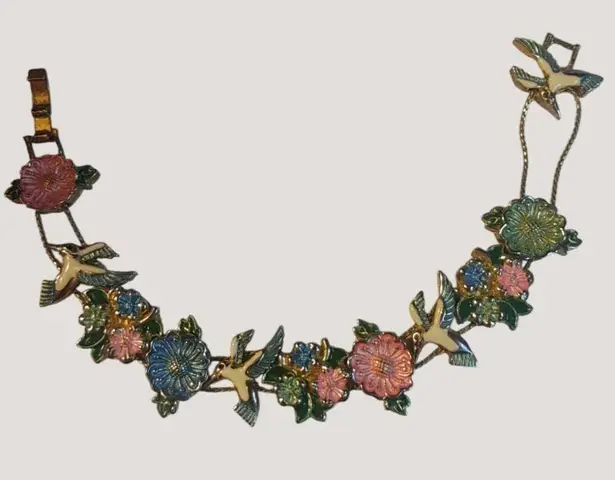 Bracelet Vintage Gold Tone Hummingbird Floral Spring Enamel Link Fold Over Clasp Pink