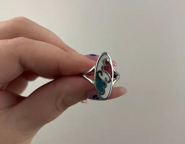 Vintage White Red Coral Blue Turquoise Stone Heart Silver Swirl Band Design Ring Multiple