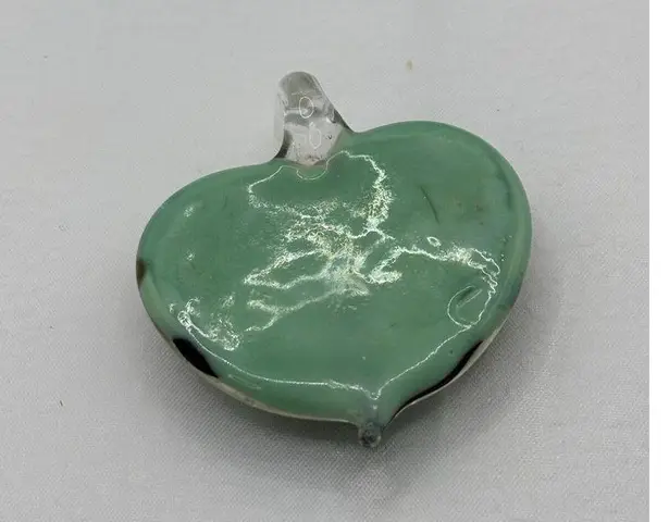 MURANO Style Hand Blown Glass Heart Pendant w/Ribbon Beautiful Green And Smoke