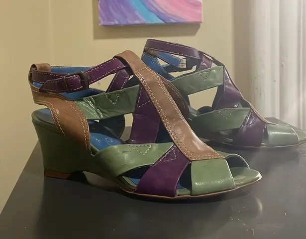 Lazio Collezione Leather Bubba Green Purple Brown 2.5” Wedge Sandals $195 EUC US Women 6.5 ; EUR 37
