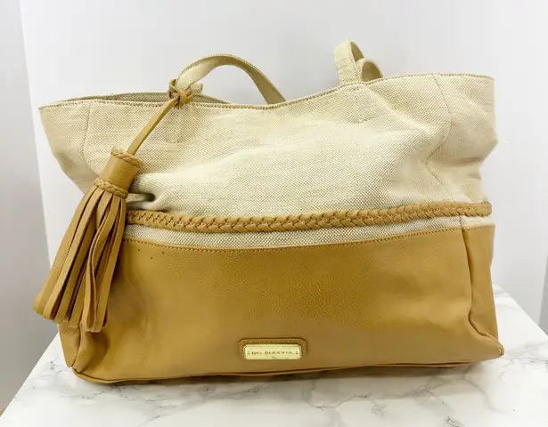 Big Buddha Beige Canvas Faux Leather Tote Bag with Tassel