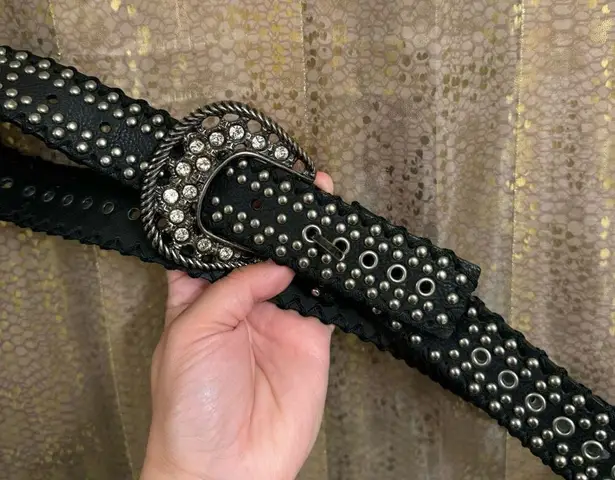 Hyde Collection Black Leather Silver Studded Western Rhinestone Belt XL