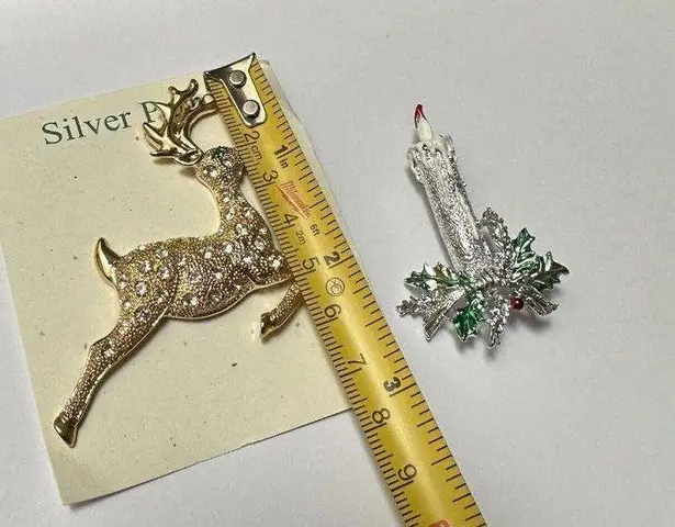 Lot Of 2 Christmas Holiday Brooch Pins Reindeer / Candle 1 Signed Gerry’s
