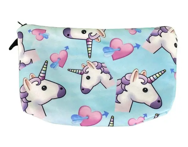 Light Blue Cute Unicorn and Heart Print Makeup Bag