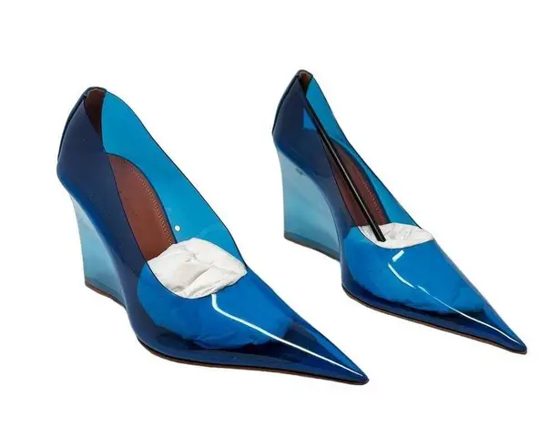 Amina Muaddi NEW Ane Pointed Toe PVC Glass Patent Wedges Heels Blue US 7.5