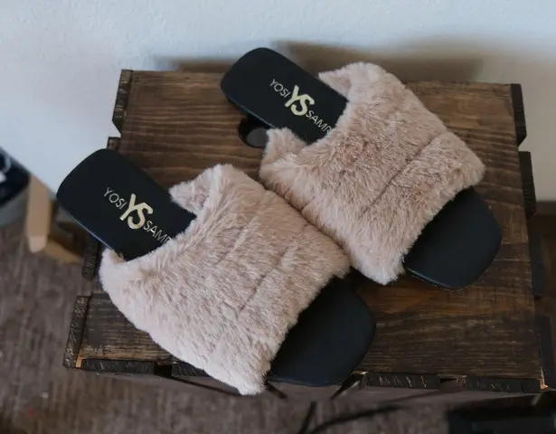 Yosi Samra Womens Nori Faux Fur Slides, Tan, Size 6 Tan