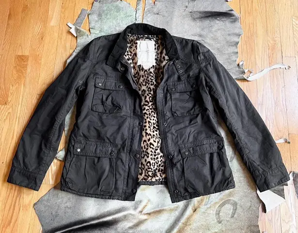 Ralph Lauren  Black Cargo Utility Jacket With Leopard Faux Fur Lining