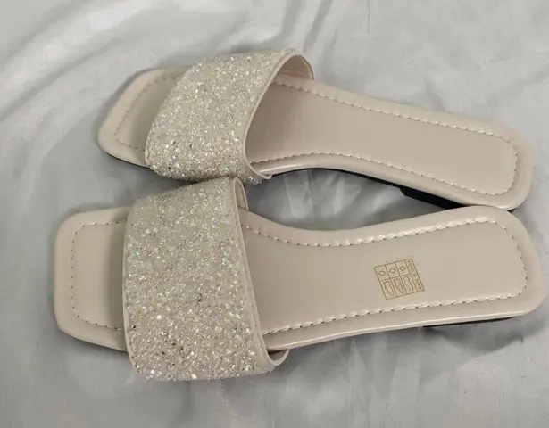 Cream Nude Glam Sparkle Rhinestone Embellished Slide Sandals EU 39 / US 8.5 Gold