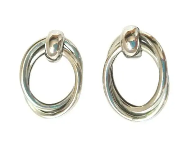 Twisted Vintage Triple  Oval Door Knocker Dangle Earrings Silver Tone Posts