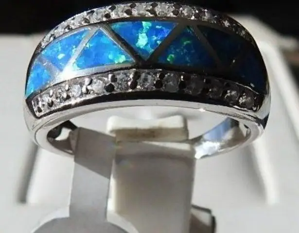 Sterling Silver Blue Opal Ring With Cubic Zirconia, October Birthstone, Size 8