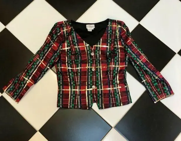 Vintage 80s 90s Rimini Tartan Blazer Plaid Sequin Red Green Gold Red Fitted sz10 Multiple Size 10
