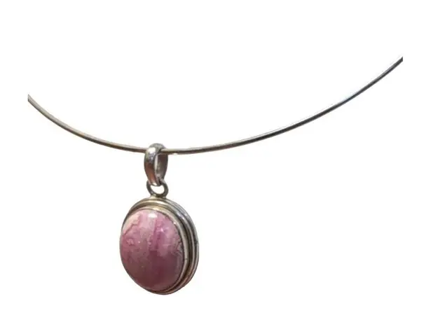 Oval Rhodochrosite Gemstone Pendant in Sterling Silver Bezel Setting Pink
